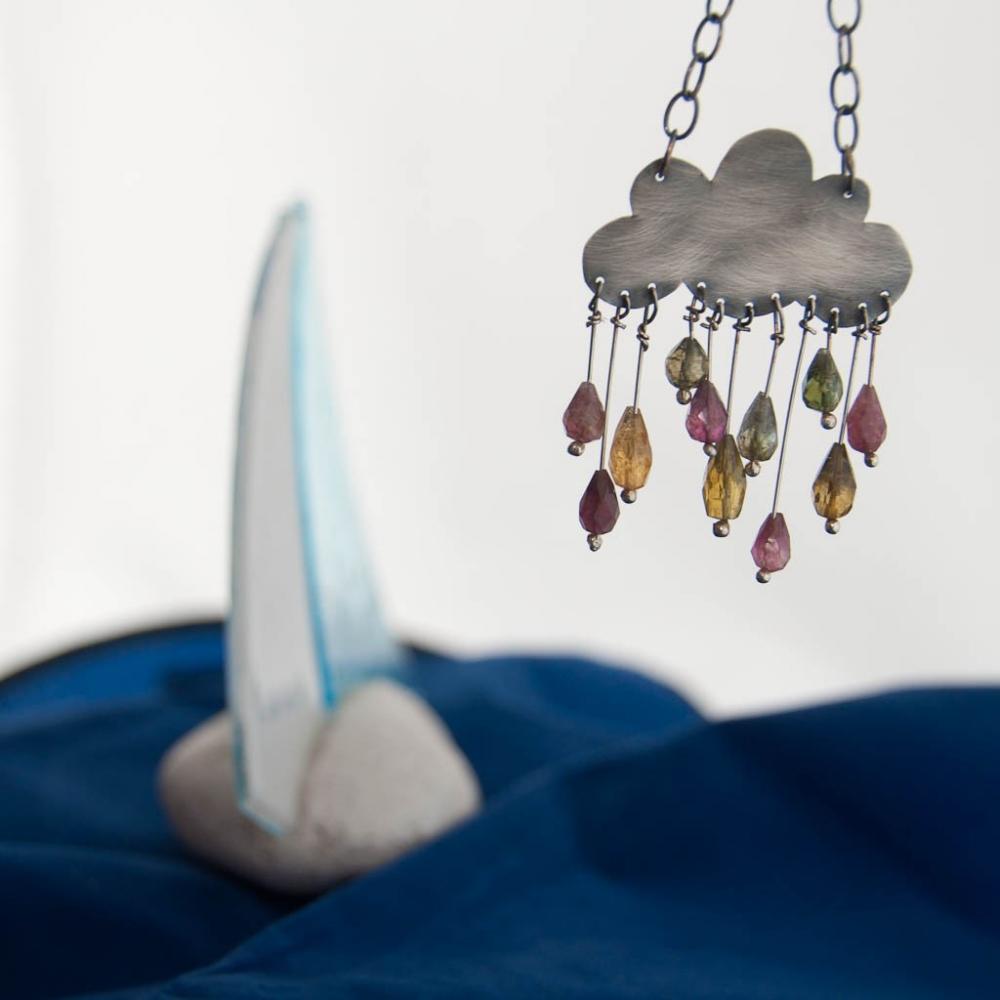 Cumulonimbus Sterling Silver Oxidized Cloud Necklace With Tourmaline Gemstones Raindrops In Purple Pink Green Watermelon Colors