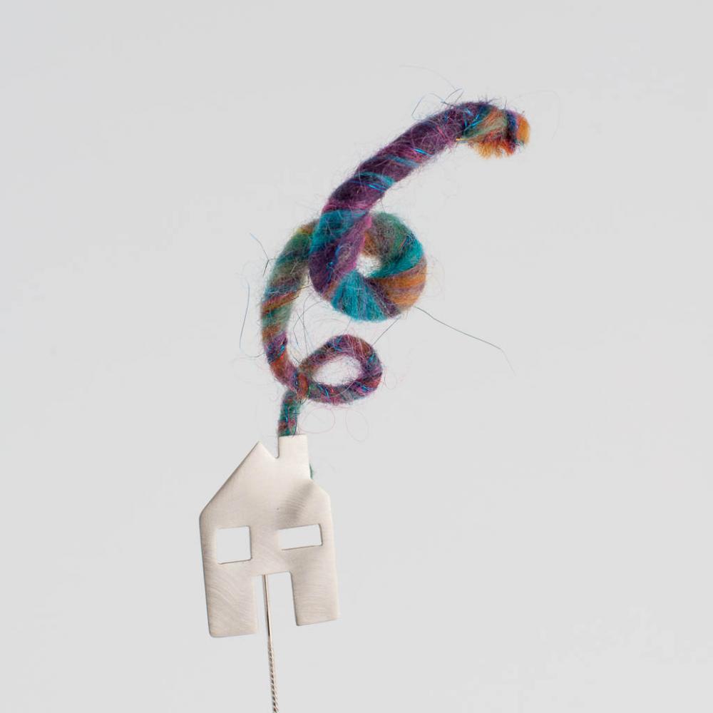 Home Sweet Home Sterling Silver Pin With Wirecore Yarn Multicolor Smoke Original Playful Design For Cardigans Sweaters, Clothes And Bags
