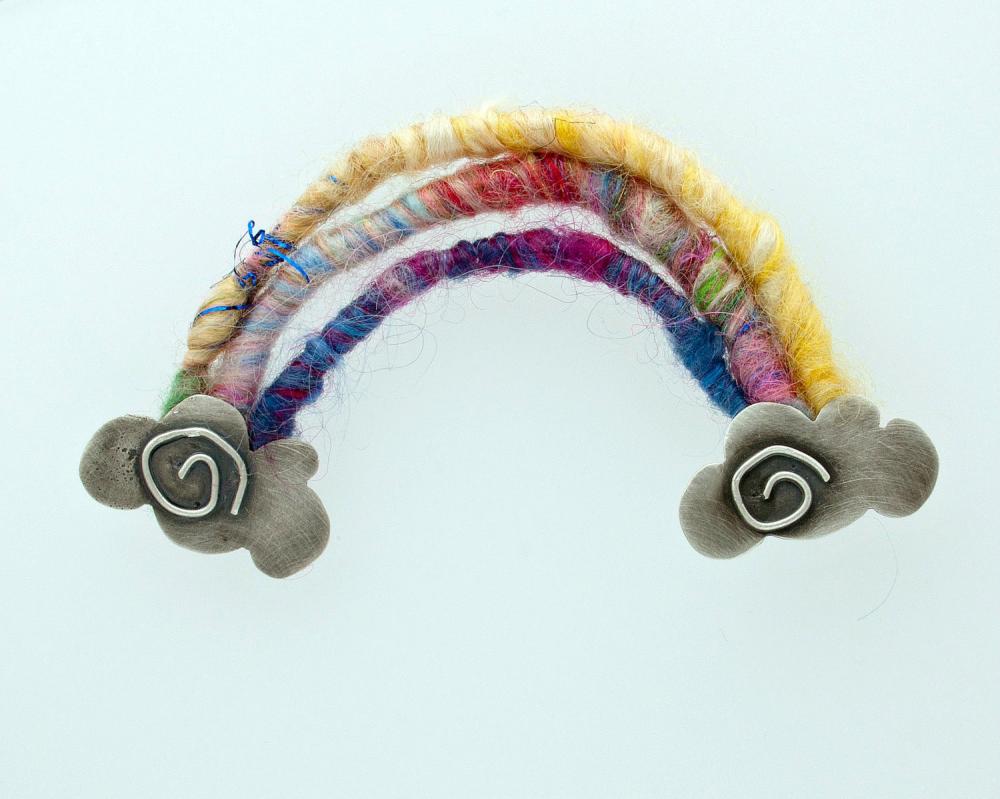 Over The Rainbow Twin Pin Modern Brooch Sterling Silver Clouds Colorful Yarn Playful Modern Happy Jewelry Gift On Hoodies, Cardigan, Sweater
