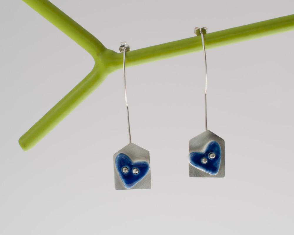 Home Is Where The Heart Is Sterling Silver Dangle Earrings House Ceramic Cobalt Blue Hearts Love Spring Gift