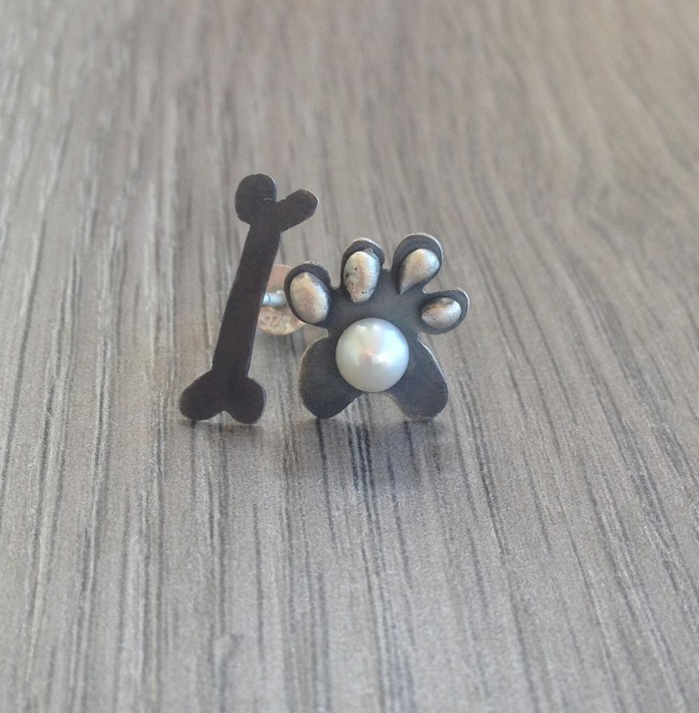 Follow Me Puppy Love Earrings Oxidized Sterling Silver Paw With Freshwater Pearl And Cartoon Bone Cute Playful Gift For Animal Dog Lovers